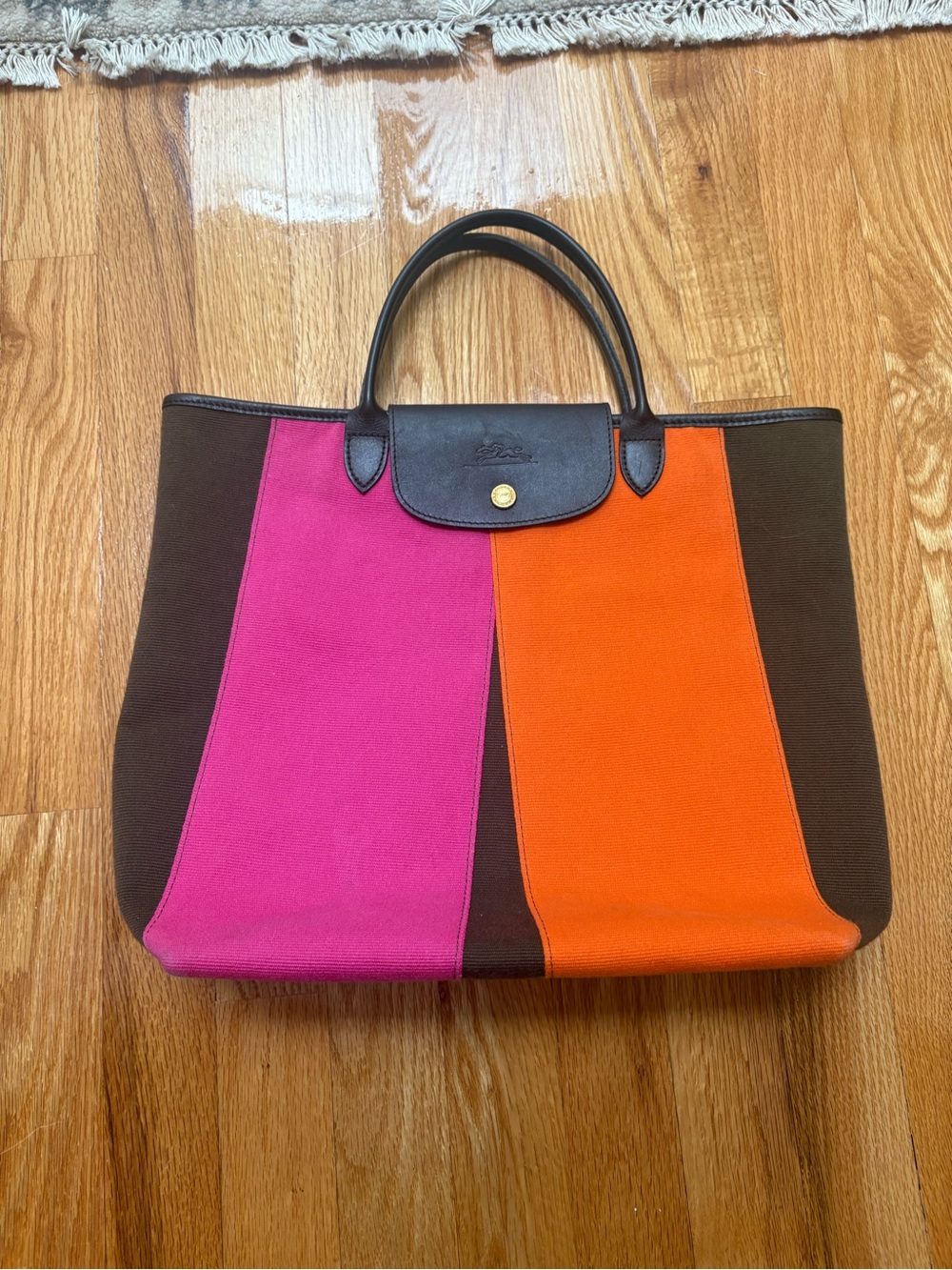Longchamp Canvas Tote in Fuchsia, Orange and Chocolate Brown